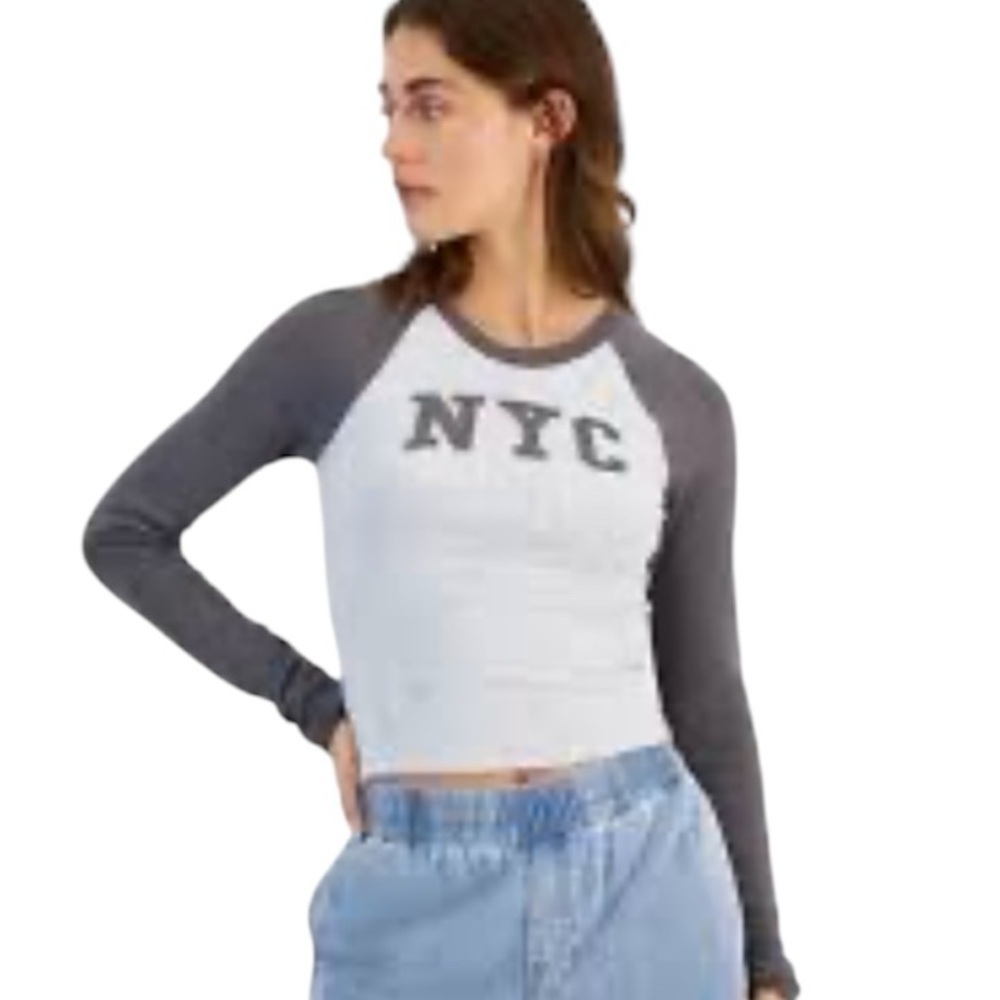 Just Polly NYC Cropped Long Sleeve Top Gray Raglan Graphic Tee XL Streetwear - Picture 2 of 9